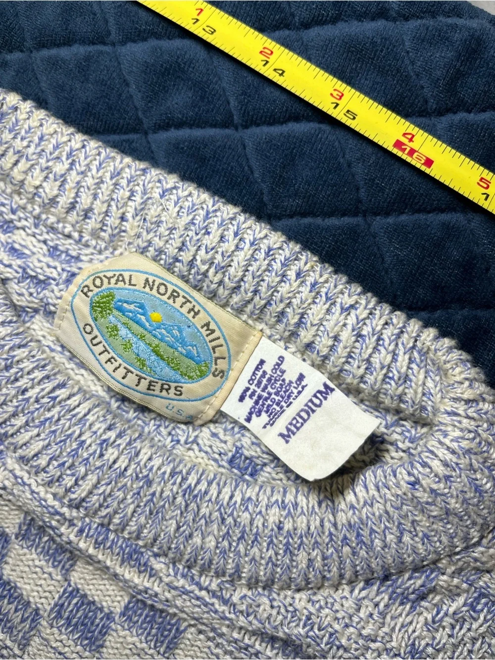 Vintage Men's Patterned Crewneck Sweater - Blue & White - 100% Cotton